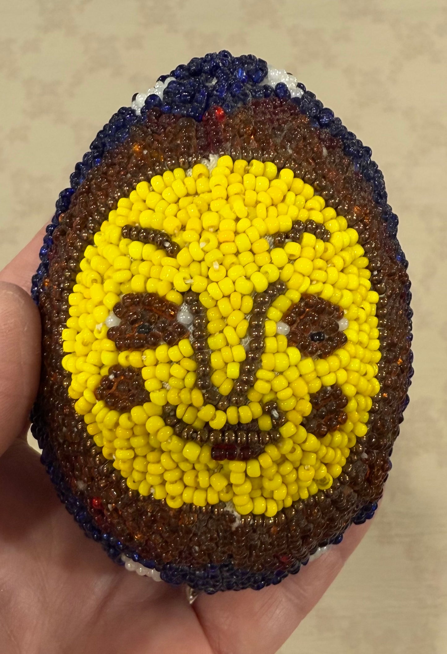 One-of-a-Kind Hand-Beaded Artisan Egg – Dual Sun Folk Art Sculpture