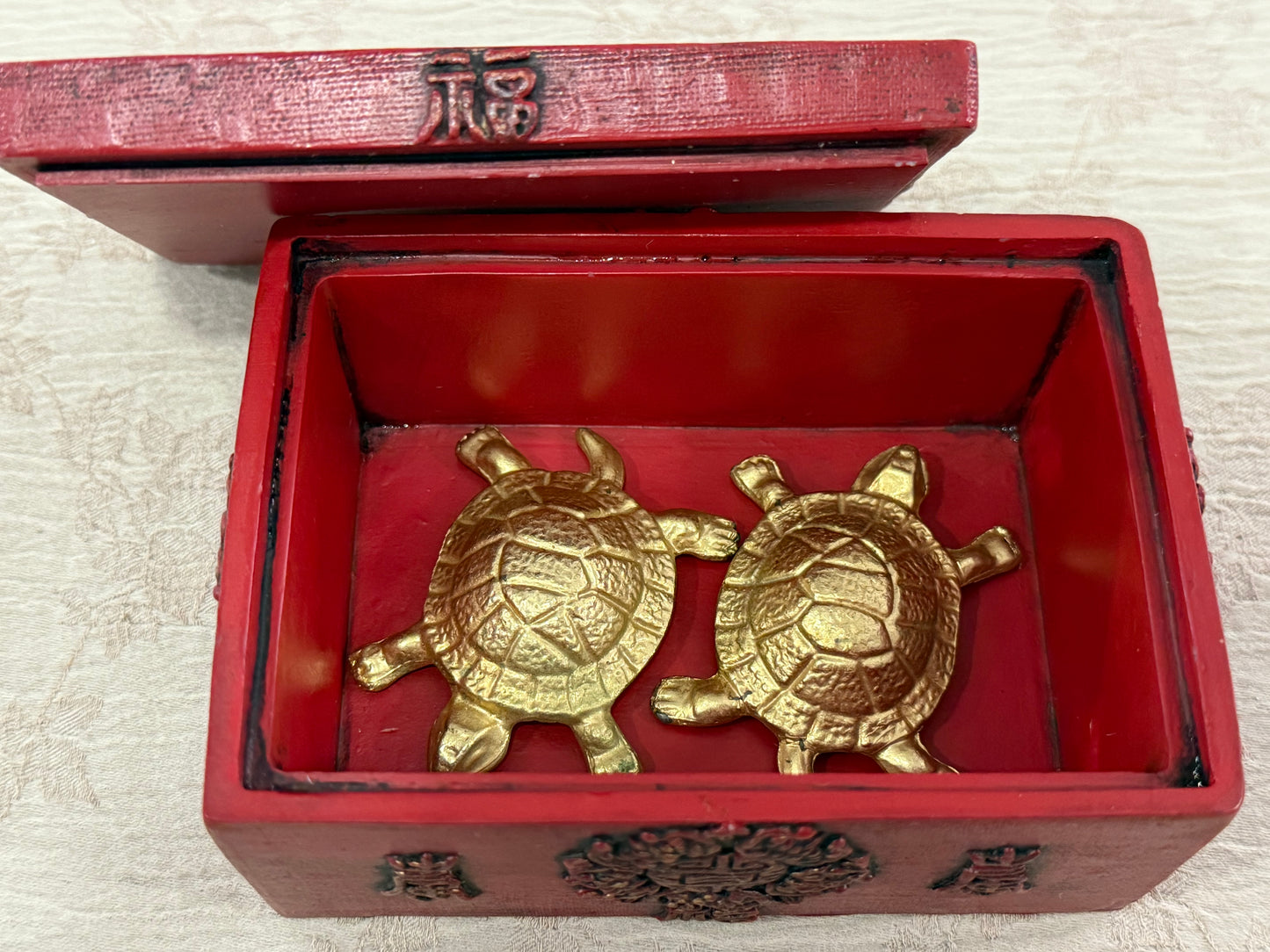 Gold Plated Turtle Figurines – Feng Shui Male & Female Pair in Red Chinese Longevity Box – Prosperity Decor Gift