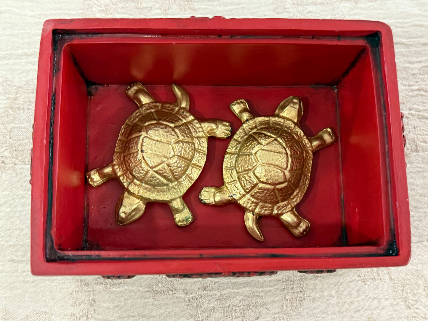 Gold Plated Turtle Figurines – Feng Shui Male & Female Pair in Red Chinese Longevity Box – Prosperity Decor Gift