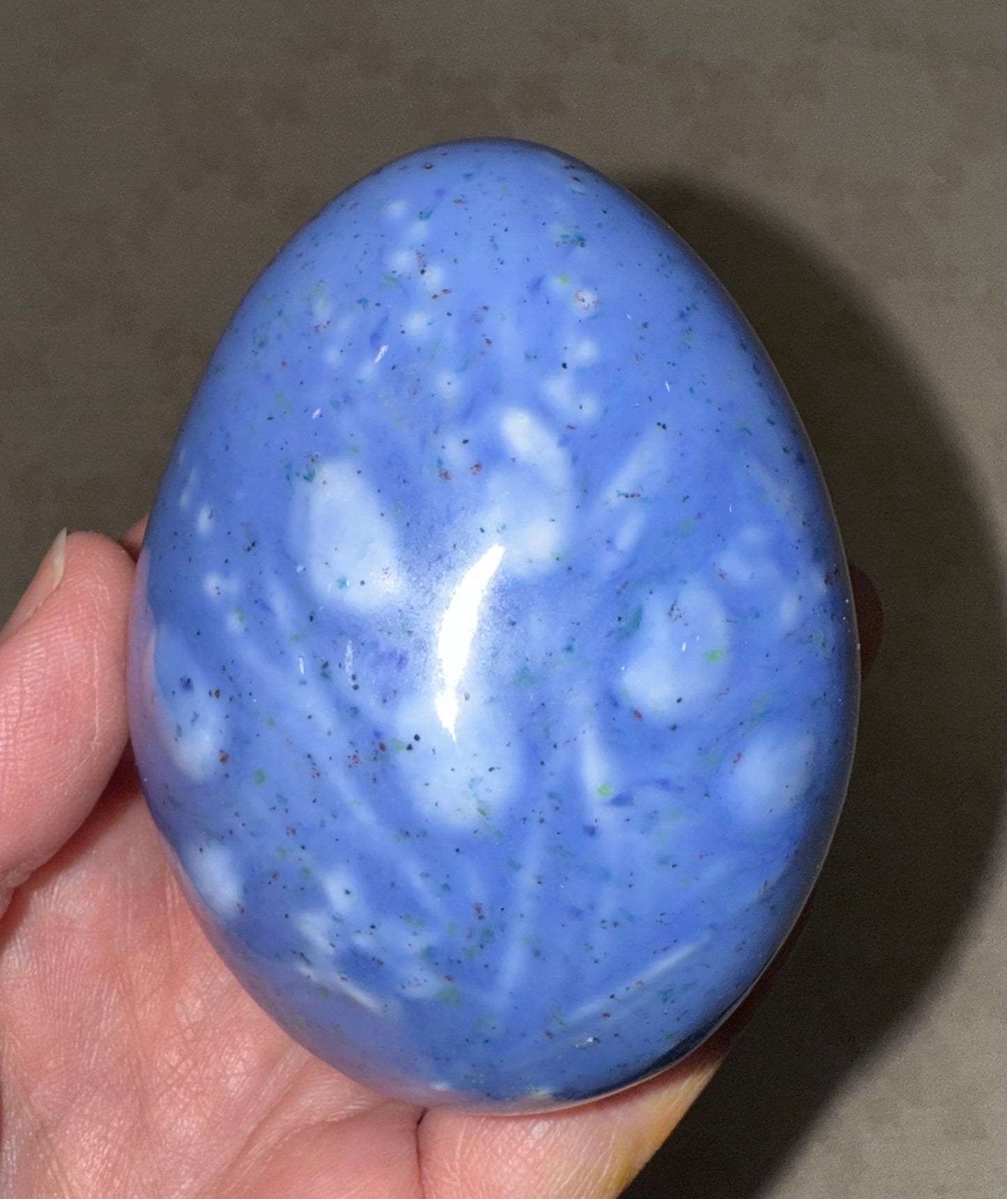 Blue Speckled Ceramic Decorative Egg – Signed “Louise” – 3.25” x 2.5”