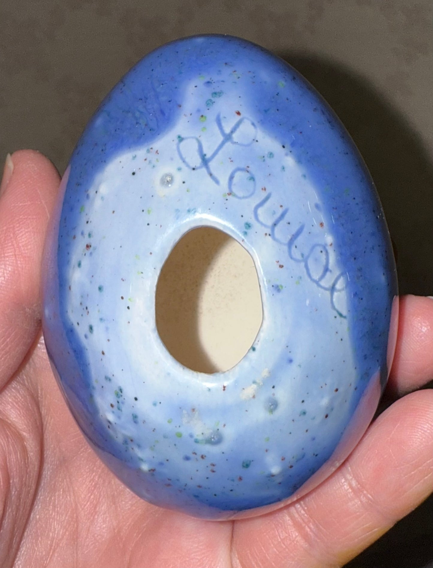 Blue Speckled Ceramic Decorative Egg – Signed “Louise” – 3.25” x 2.5”