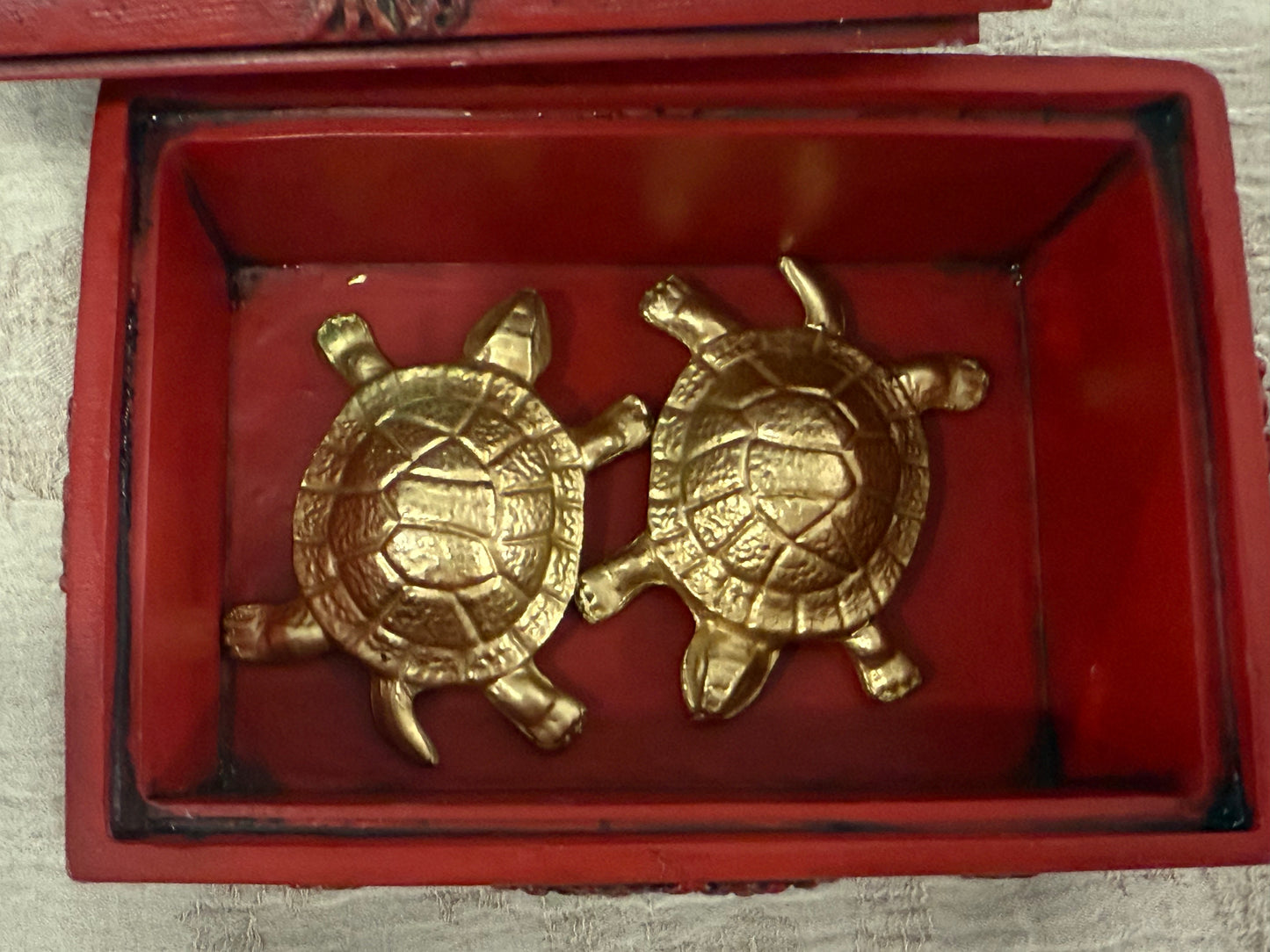 Gold Plated Turtle Figurines – Feng Shui Male & Female Pair in Red Chinese Longevity Box – Prosperity Decor Gift