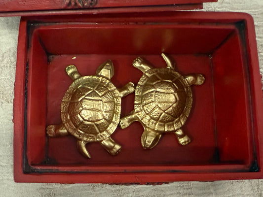 Gold Plated Turtle Figurines – Feng Shui Male & Female Pair in Red Chinese Longevity Box – Prosperity Decor Gift