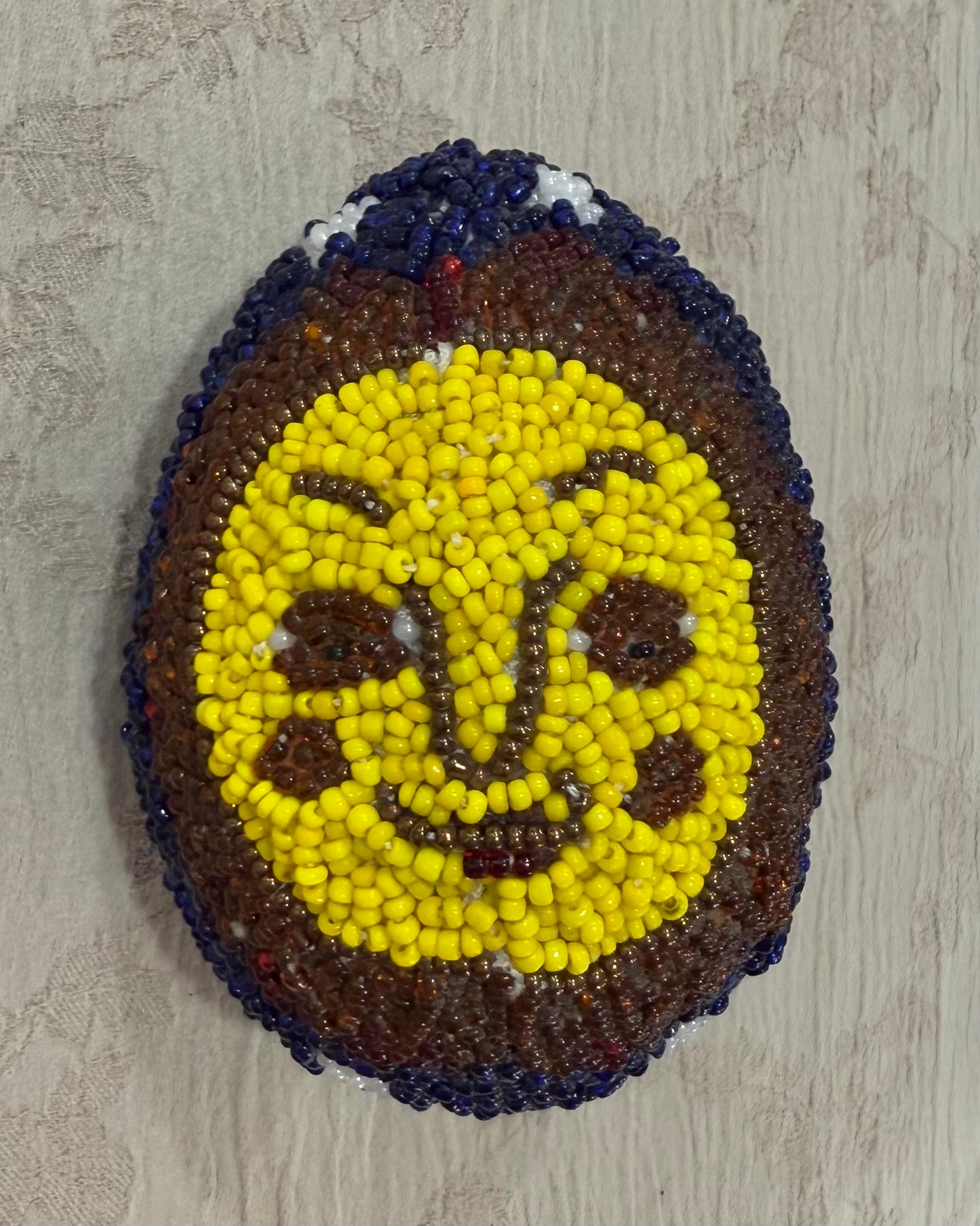 One-of-a-Kind Hand-Beaded Artisan Egg – Dual Sun Folk Art Sculpture