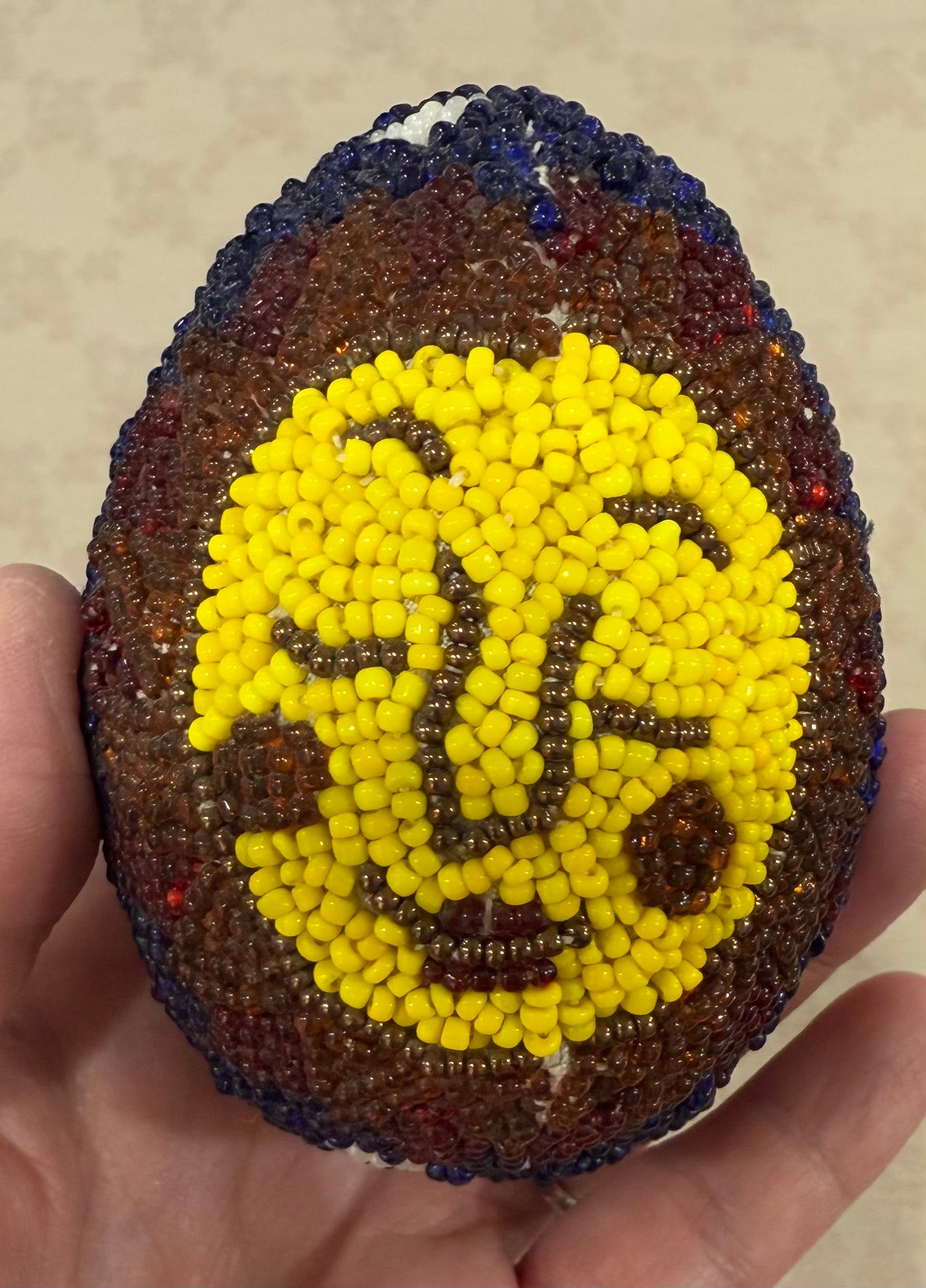 One-of-a-Kind Hand-Beaded Artisan Egg – Dual Sun Folk Art Sculpture