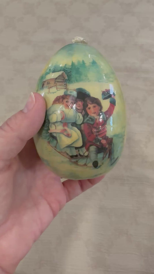 Vintage Paper Mâché Decorative Easter Egg – Winter Sledding Storybook Scene