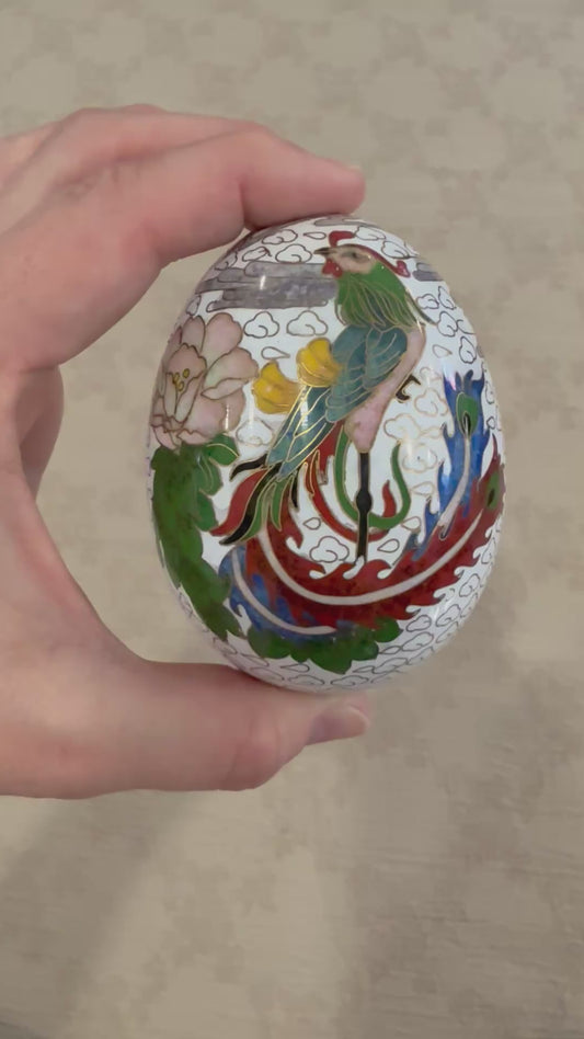 Chinese Cloisonné Enamel Egg with Lotus, Bird, and Auspicious Cloud Motifs

China, Late 20th Century (circa 1970s–1990s)